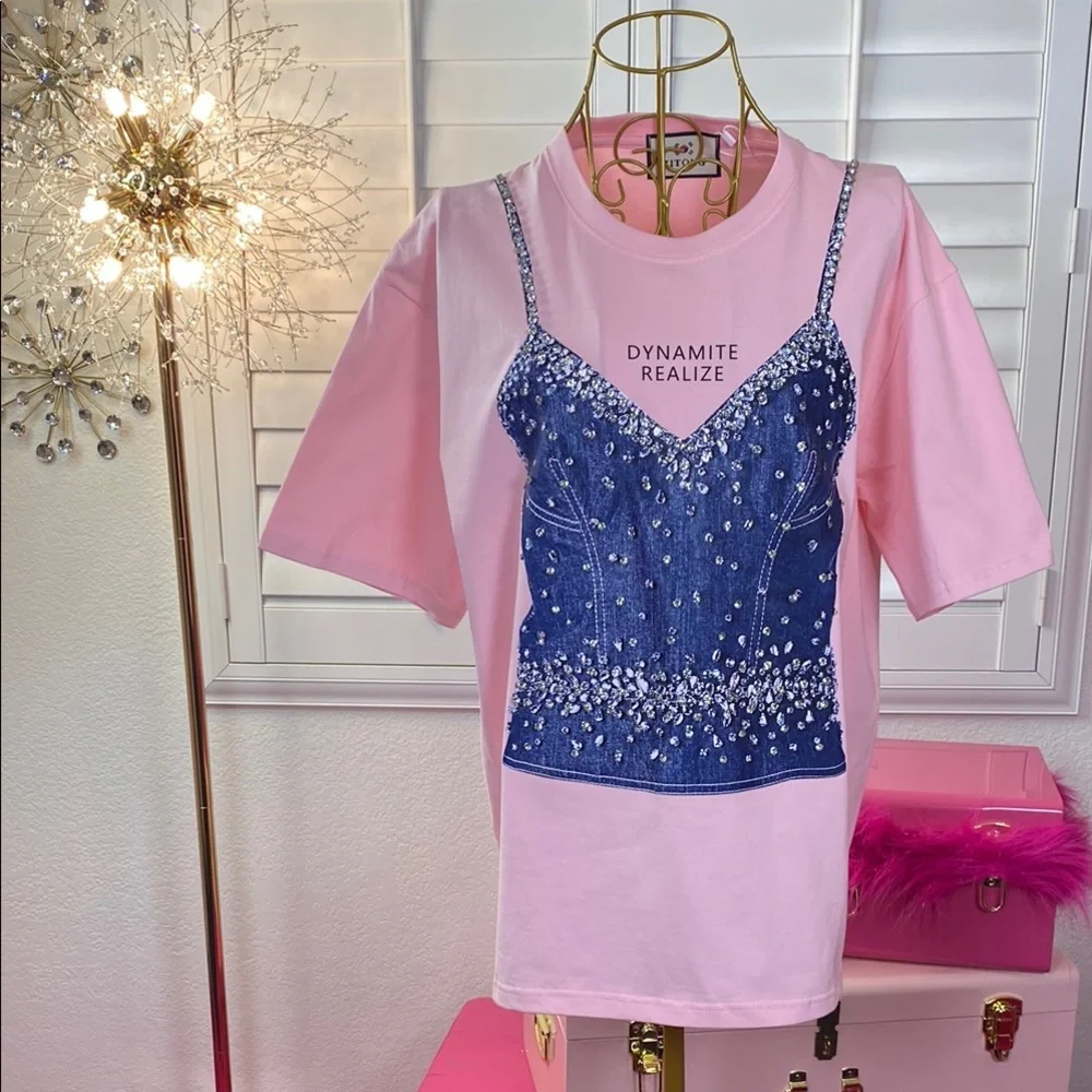 Rhinestone Denim Illusion Tee - Picture 1 of 7